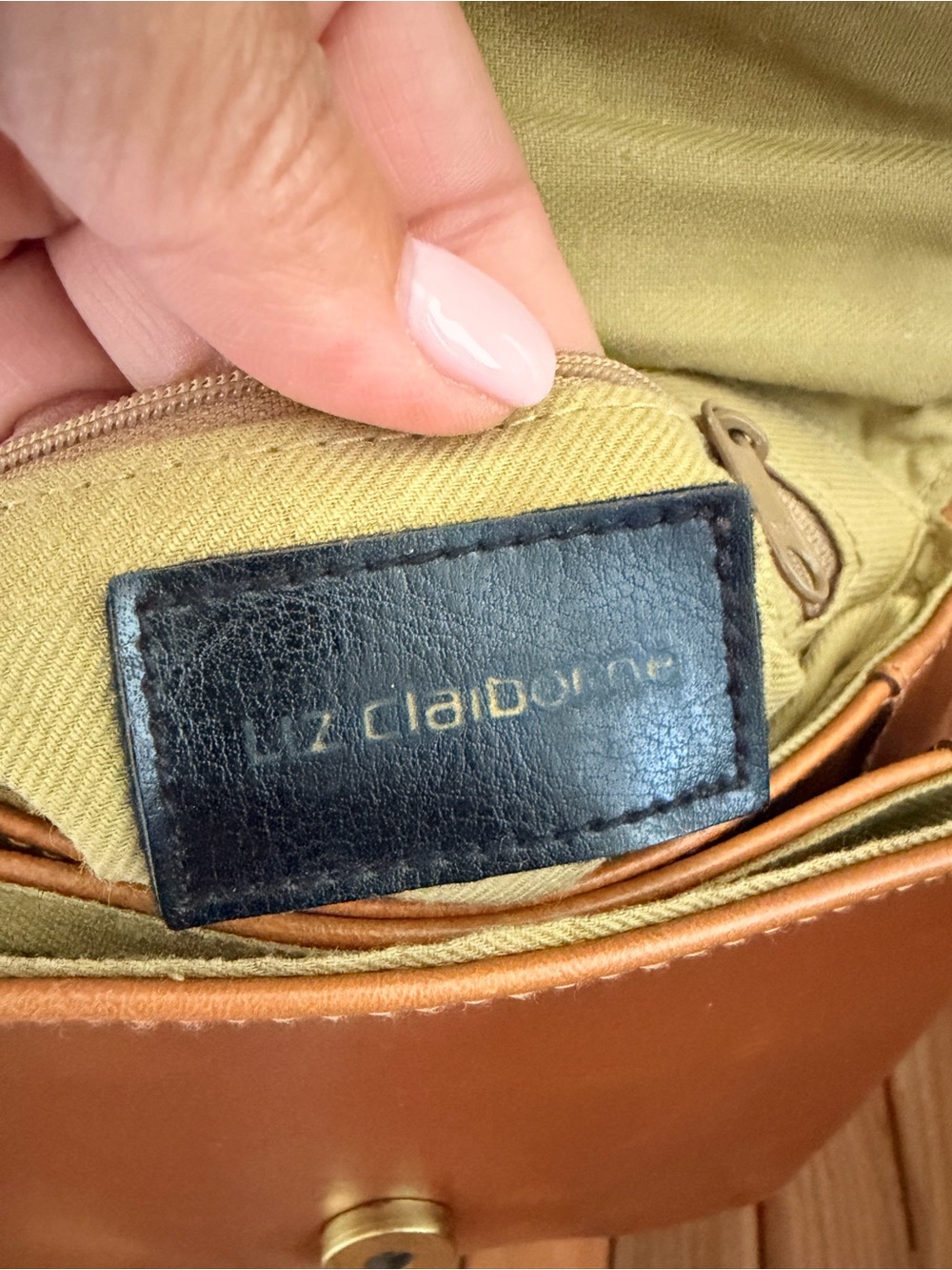 LC Lauren Conrad Vintage Leather Crossbody Bag, Cognac Patina, Green Interior - Picture 6 of 11